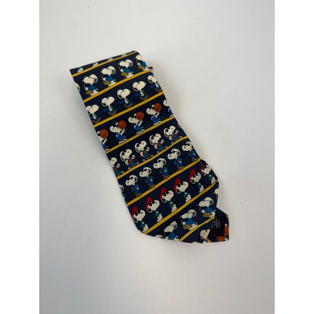 Vintage Peanuts Joe Cool Snoopy Navy Silk Tie Basketball Saxophone Made in USA